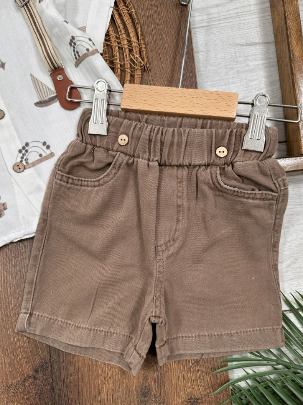 Askı Kemerli Papyonlu Müslin Gömlek Keten Şort Yazlık Erkek Bebek Takım - KAHVE