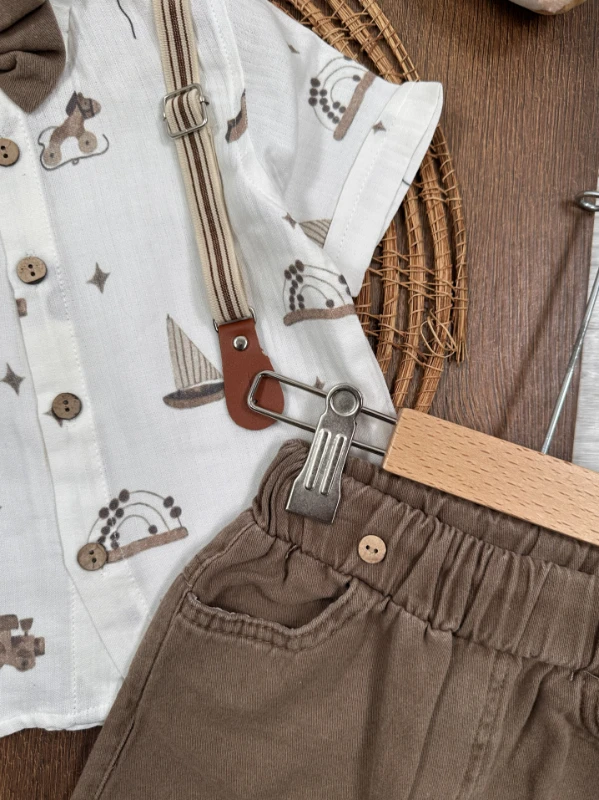 Askı Kemerli Papyonlu Müslin Gömlek Keten Şort Yazlık Erkek Bebek Takım - KAHVE