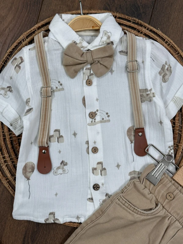 Askı Kemerli Papyonlu Müslin Gömlek Keten Şort Yazlık Erkek Bebek Takım - KAHVE