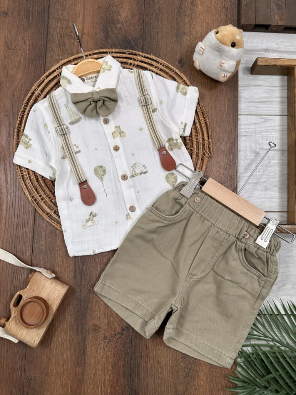 Askı Kemerli Papyonlu Müslin Gömlek Keten Şort Yazlık Erkek Bebek Takım - KAHVE
