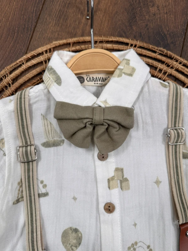 Askı Kemerli Papyonlu Müslin Gömlek Keten Şort Yazlık Erkek Bebek Takım - KAHVE