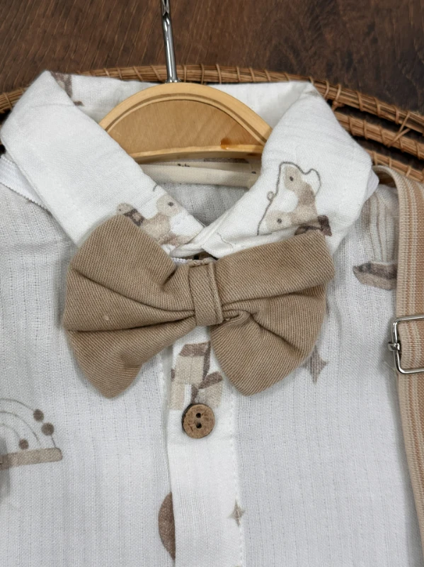 Askı Kemerli Papyonlu Müslin Gömlek Keten Şort Yazlık Erkek Bebek Takım - KAHVE