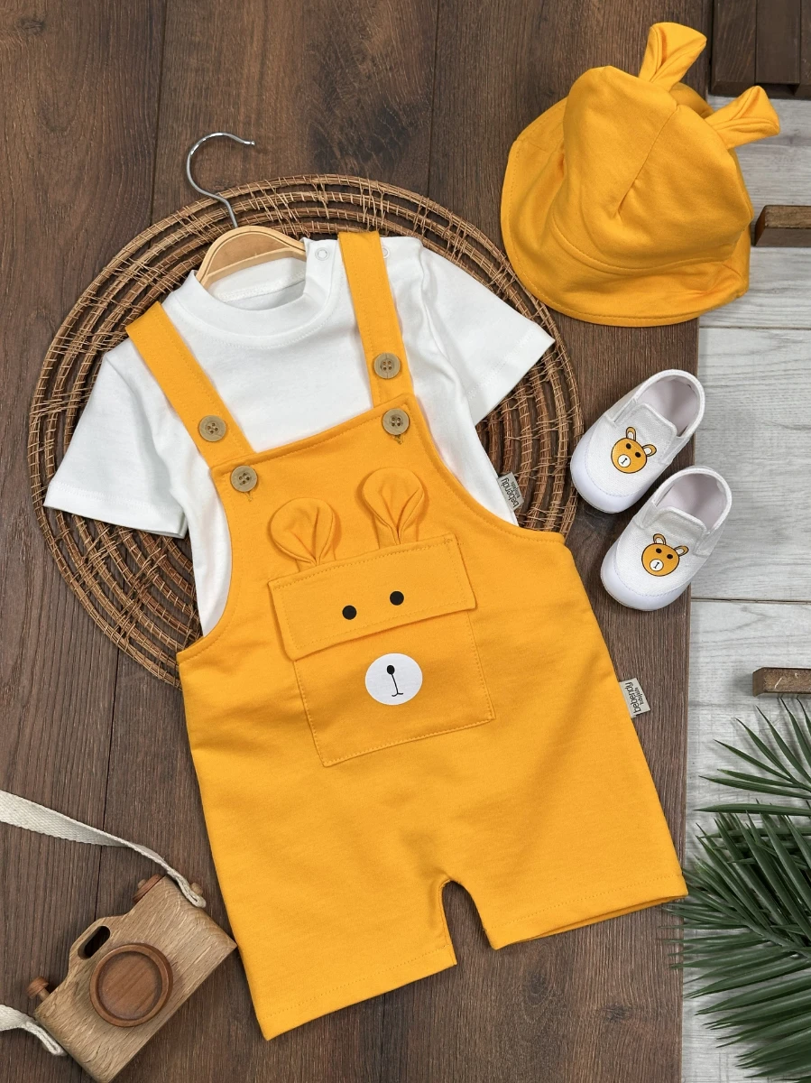 Patikli Safari Şapkalı Kulaklı Ayıcık Baskılı Badili Yazlık 4lü Salopet Erkek Bebek Takım - HARDAL