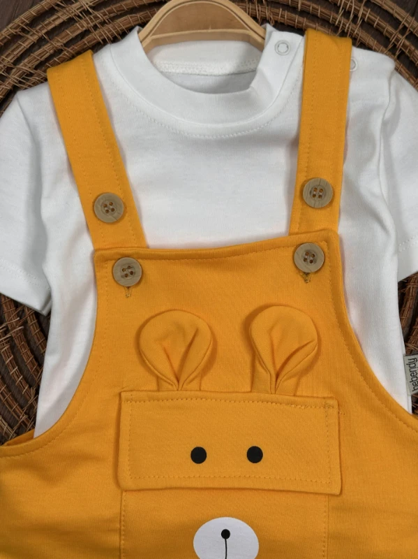 Patikli Safari Şapkalı Kulaklı Ayıcık Baskılı Badili Yazlık 4lü Salopet Erkek Bebek Takım - YEŞİL