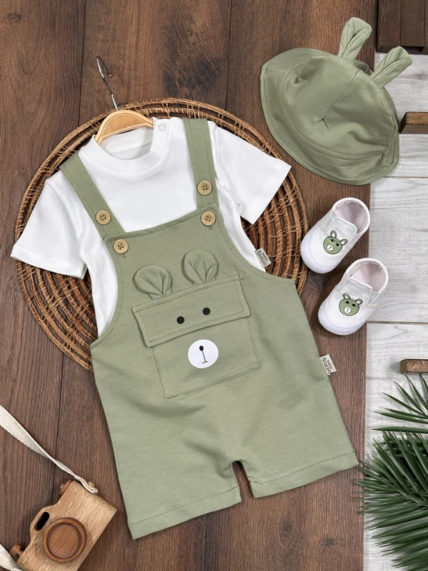 Patikli Safari Şapkalı Kulaklı Ayıcık Baskılı Badili Yazlık 4lü Salopet Erkek Bebek Takım - YEŞİL