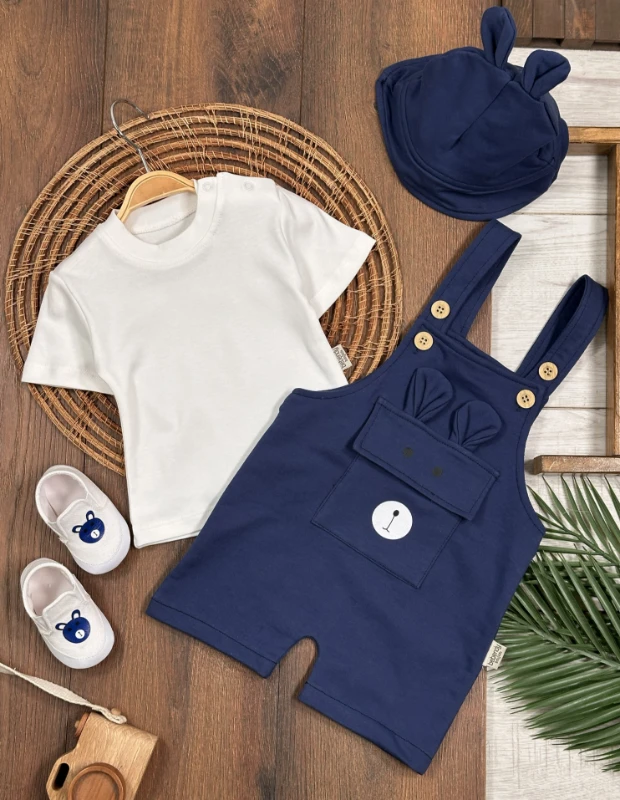 Patikli Safari Şapkalı Kulaklı Ayıcık Baskılı Badili Yazlık 4lü Salopet Erkek Bebek Takım - YEŞİL