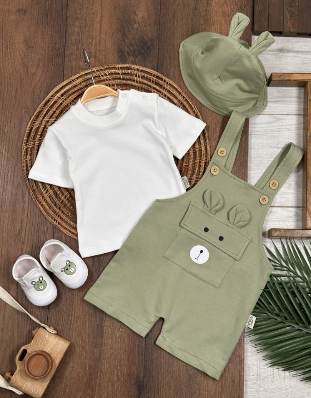 Patikli Safari Şapkalı Kulaklı Ayıcık Baskılı Badili Yazlık 4lü Salopet Erkek Bebek Takım - YEŞİL