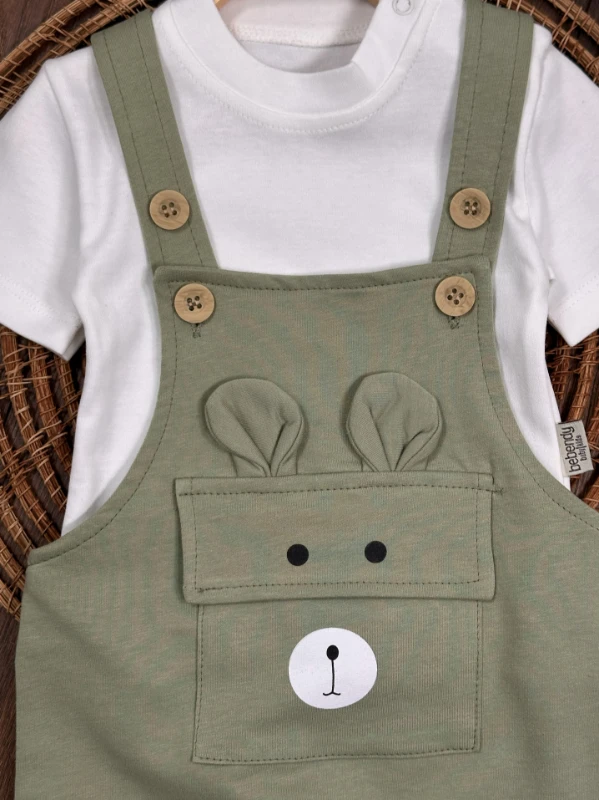 Patikli Safari Şapkalı Kulaklı Ayıcık Baskılı Badili Yazlık 4lü Salopet Erkek Bebek Takım - YEŞİL