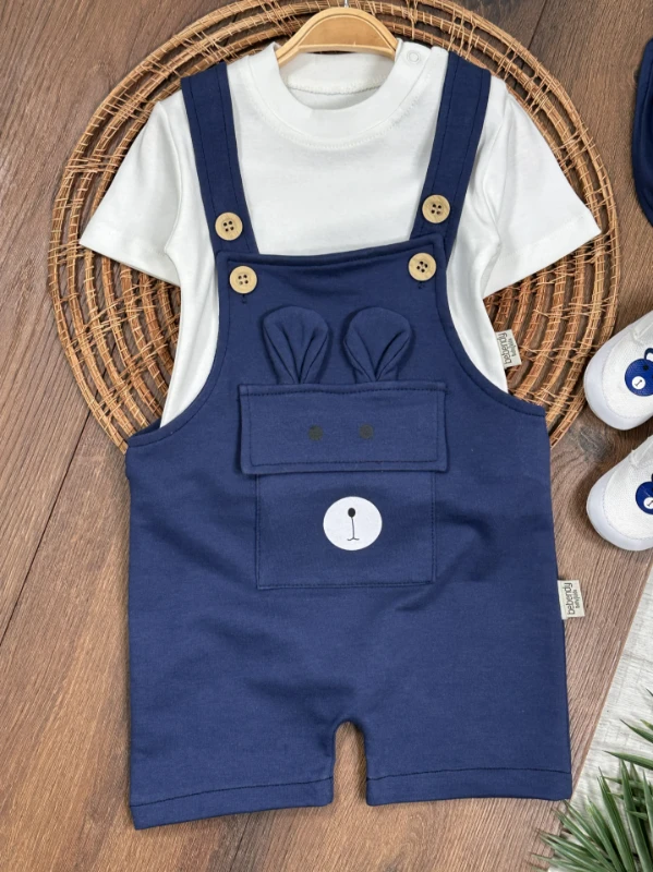 Patikli Safari Şapkalı Kulaklı Ayıcık Baskılı Badili Yazlık 4lü Salopet Erkek Bebek Takım - YEŞİL