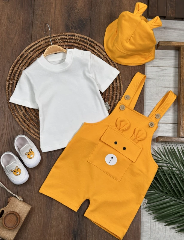 Patikli Safari Şapkalı Kulaklı Ayıcık Baskılı Badili Yazlık 4lü Salopet Erkek Bebek Takım - YEŞİL