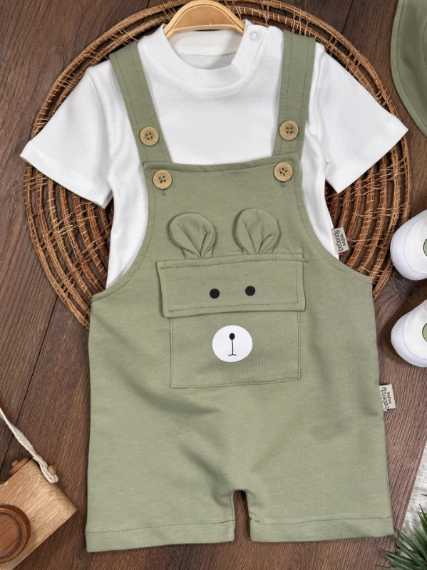Patikli Safari Şapkalı Kulaklı Ayıcık Baskılı Badili Yazlık 4lü Salopet Erkek Bebek Takım - YEŞİL