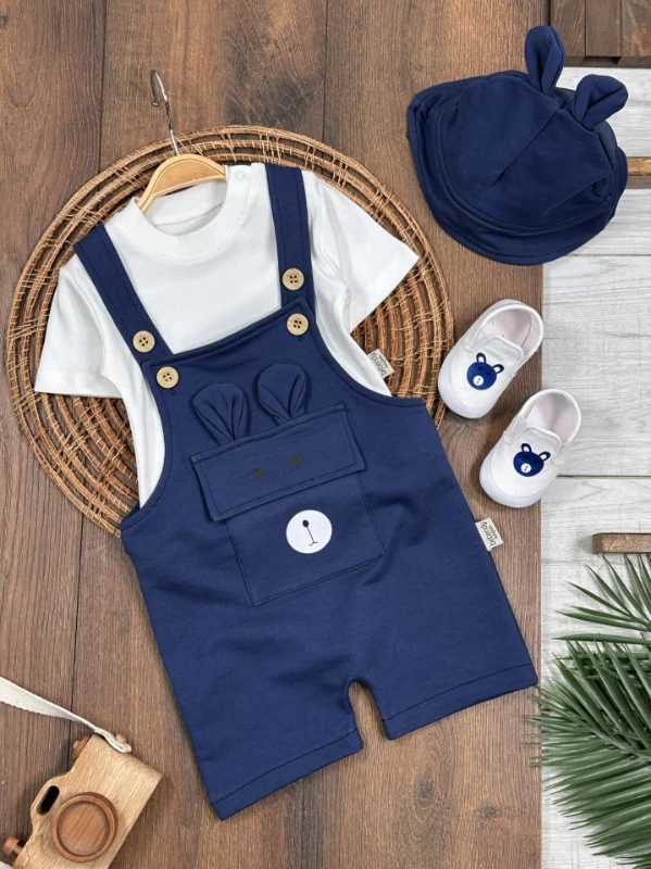 Patikli Safari Şapkalı Kulaklı Ayıcık Baskılı Badili Yazlık 4lü Salopet Erkek Bebek Takım - YEŞİL