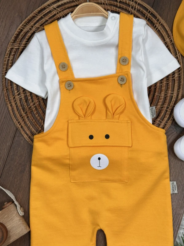 Patikli Safari Şapkalı Kulaklı Ayıcık Baskılı Badili Yazlık 4lü Salopet Erkek Bebek Takım - YEŞİL