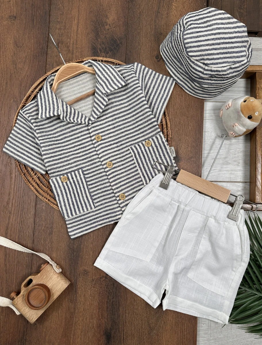 Müslin Çizgili Safari Şapkalı Düğmeli Cep Detaylı Şortlu Yazlık Erkek Bebek Takım - LACİVERT