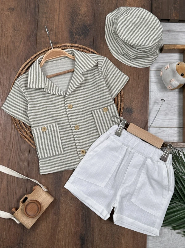Müslin Çizgili Safari Şapkalı Düğmeli Cep Detaylı Şortlu Yazlık Erkek Bebek Takım - YEŞİL