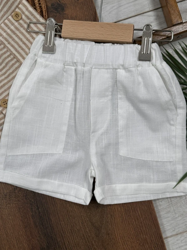 Müslin Çizgili Safari Şapkalı Düğmeli Cep Detaylı Şortlu Yazlık Erkek Bebek Takım - YEŞİL