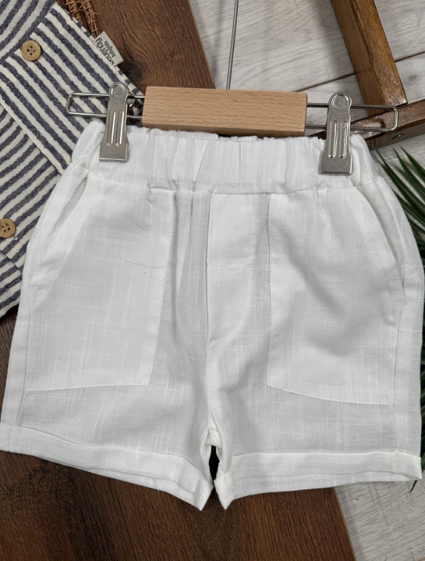 Müslin Çizgili Safari Şapkalı Düğmeli Cep Detaylı Şortlu Yazlık Erkek Bebek Takım - YEŞİL