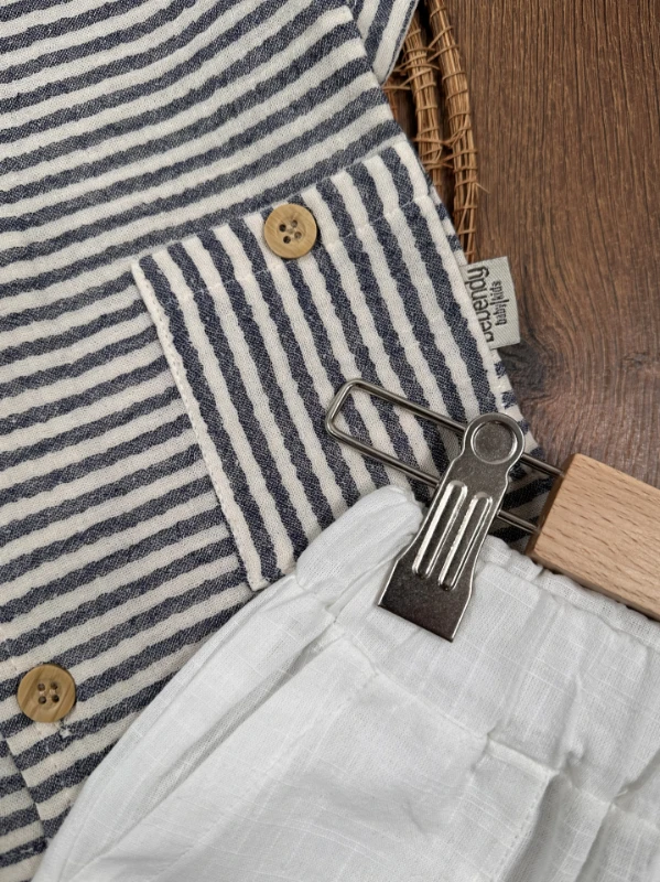 Müslin Çizgili Safari Şapkalı Düğmeli Cep Detaylı Şortlu Yazlık Erkek Bebek Takım - YEŞİL