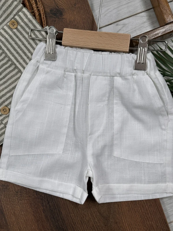 Müslin Çizgili Safari Şapkalı Düğmeli Cep Detaylı Şortlu Yazlık Erkek Bebek Takım - YEŞİL