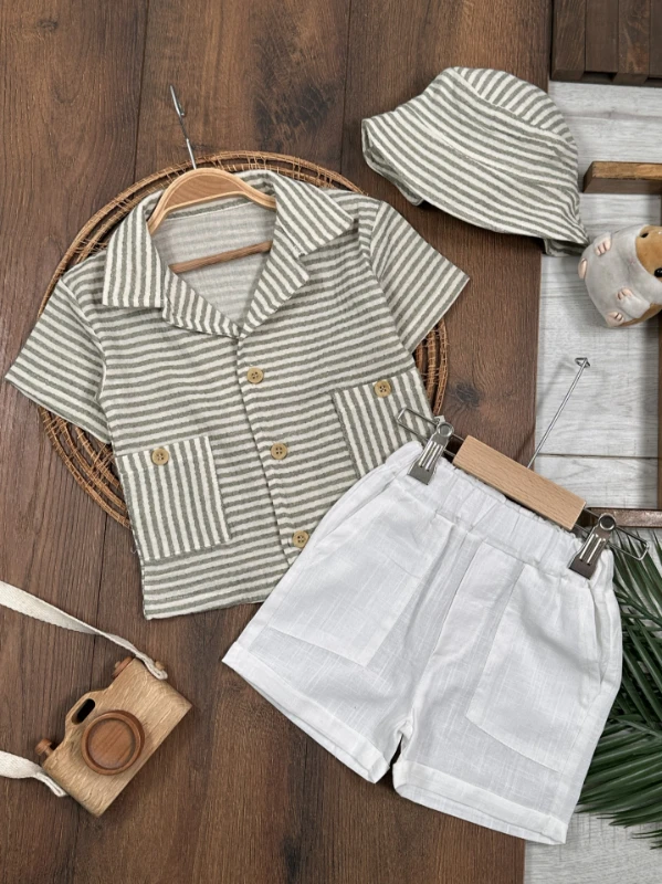 Müslin Çizgili Safari Şapkalı Düğmeli Cep Detaylı Şortlu Yazlık Erkek Bebek Takım - YEŞİL