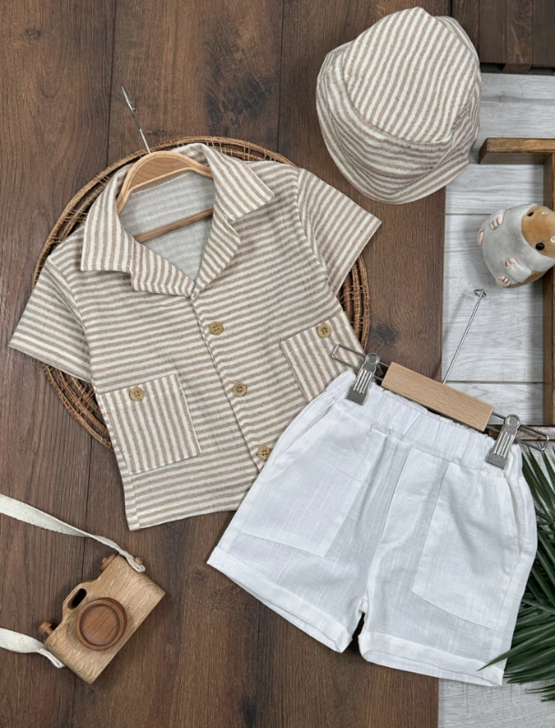 Müslin Çizgili Safari Şapkalı Düğmeli Cep Detaylı Şortlu Yazlık Erkek Bebek Takım - YEŞİL