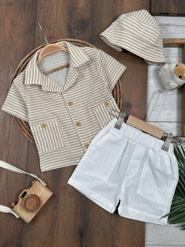Müslin Çizgili Safari Şapkalı Düğmeli Cep Detaylı Şortlu Yazlık Erkek Bebek Takım - YEŞİL
