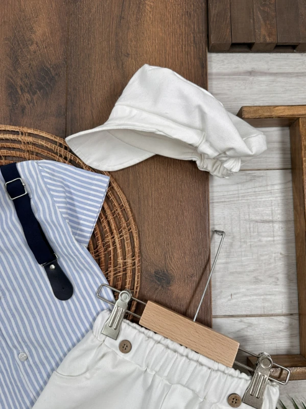 Çizgili Gömlek Askı Kemerli Şapkalı Keten Şortlu Yazlık Erkek Bebek Takım - LACİVERT