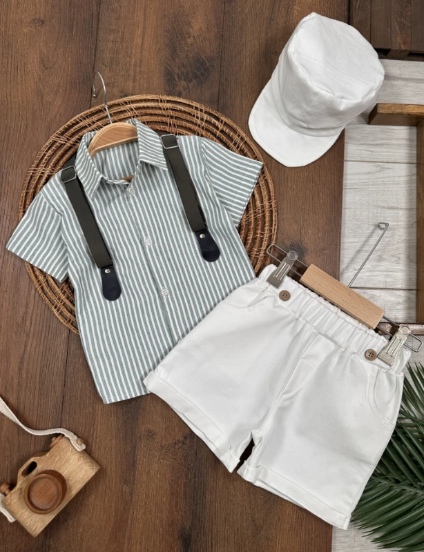 Çizgili Gömlek Askı Kemerli Şapkalı Keten Şortlu Yazlık Erkek Bebek Takım - LACİVERT