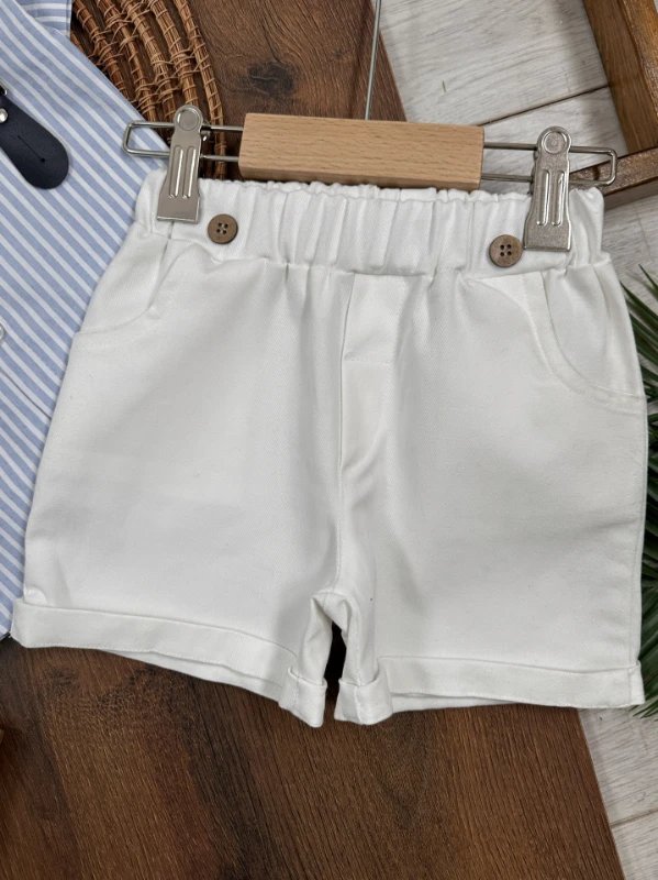 Çizgili Gömlek Askı Kemerli Şapkalı Keten Şortlu Yazlık Erkek Bebek Takım - LACİVERT