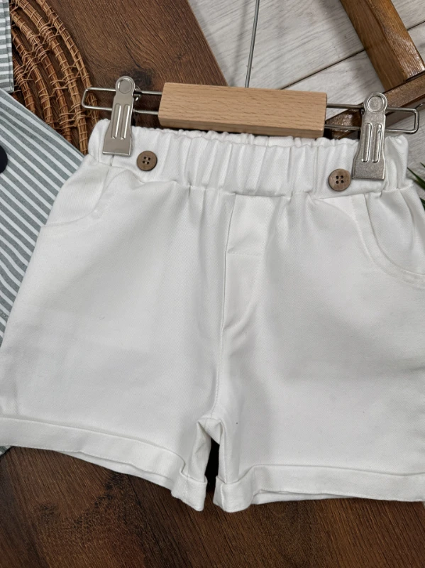 Çizgili Gömlek Askı Kemerli Şapkalı Keten Şortlu Yazlık Erkek Bebek Takım - LACİVERT