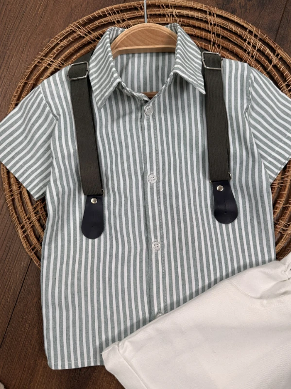 Çizgili Gömlek Askı Kemerli Şapkalı Keten Şortlu Yazlık Erkek Bebek Takım - LACİVERT