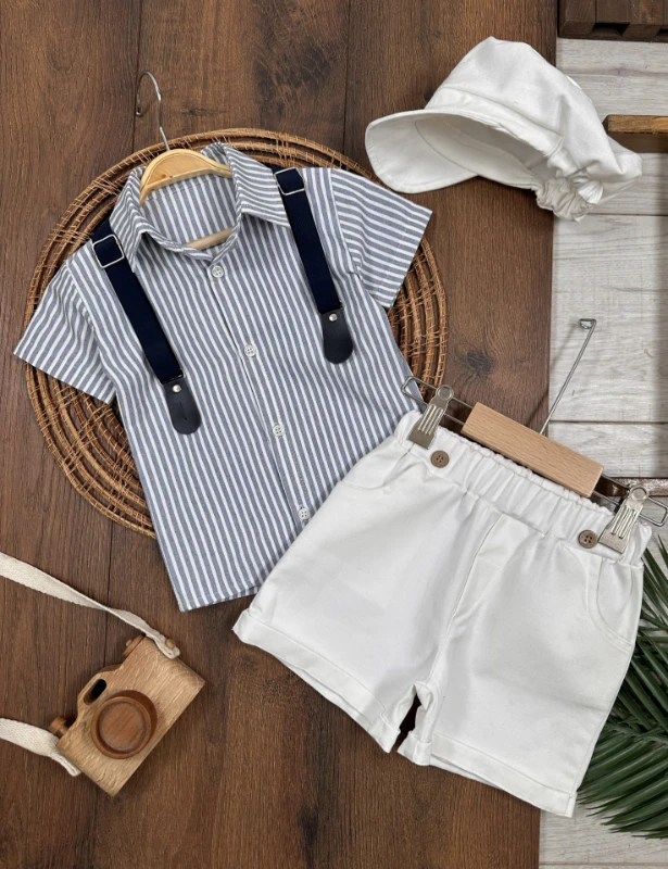 Çizgili Gömlek Askı Kemerli Şapkalı Keten Şortlu Yazlık Erkek Bebek Takım - LACİVERT