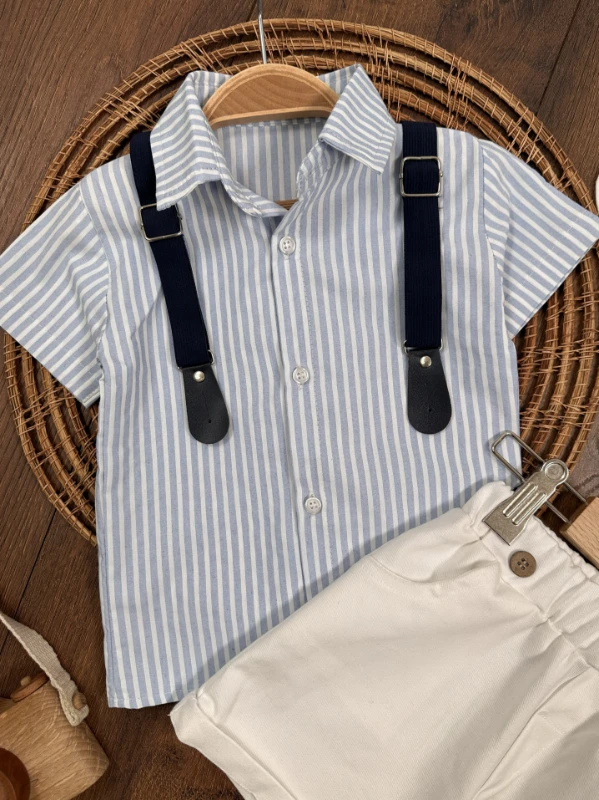 Çizgili Gömlek Askı Kemerli Şapkalı Keten Şortlu Yazlık Erkek Bebek Takım - LACİVERT