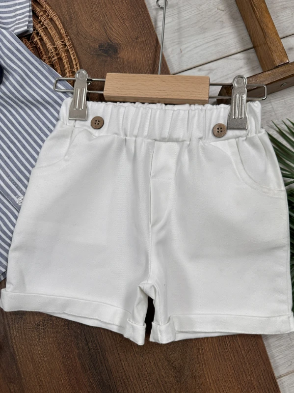 Çizgili Gömlek Askı Kemerli Şapkalı Keten Şortlu Yazlık Erkek Bebek Takım - LACİVERT