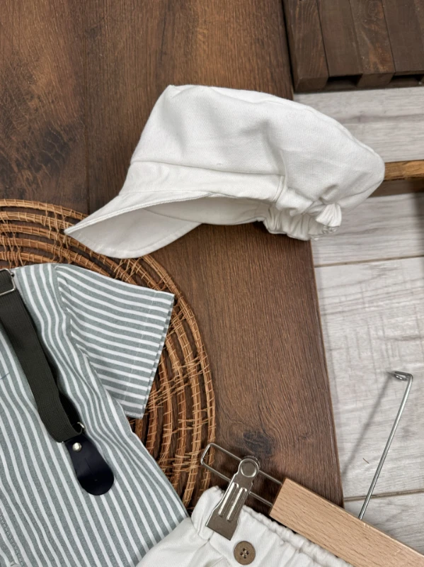 Çizgili Gömlek Askı Kemerli Şapkalı Keten Şortlu Yazlık Erkek Bebek Takım - LACİVERT