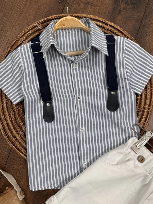 Çizgili Gömlek Askı Kemerli Şapkalı Keten Şortlu Yazlık Erkek Bebek Takım - LACİVERT