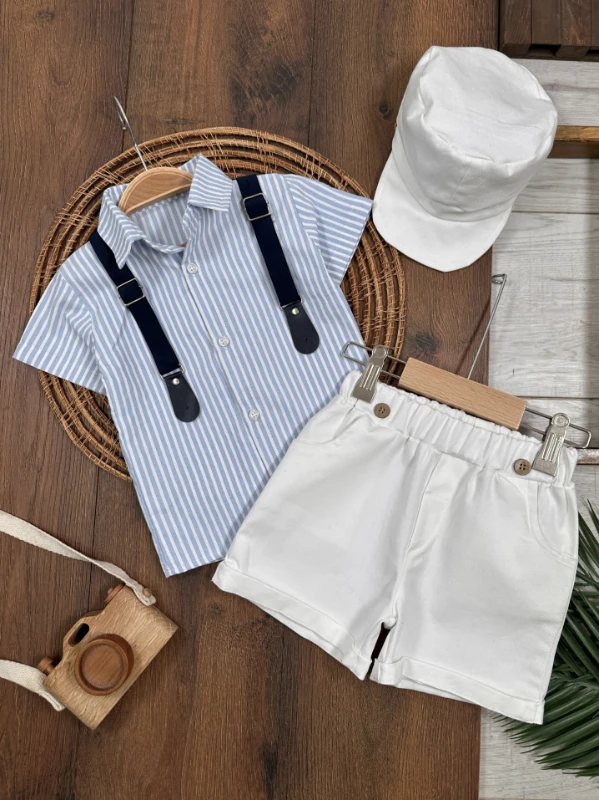 Çizgili Gömlek Askı Kemerli Şapkalı Keten Şortlu Yazlık Erkek Bebek Takım - LACİVERT