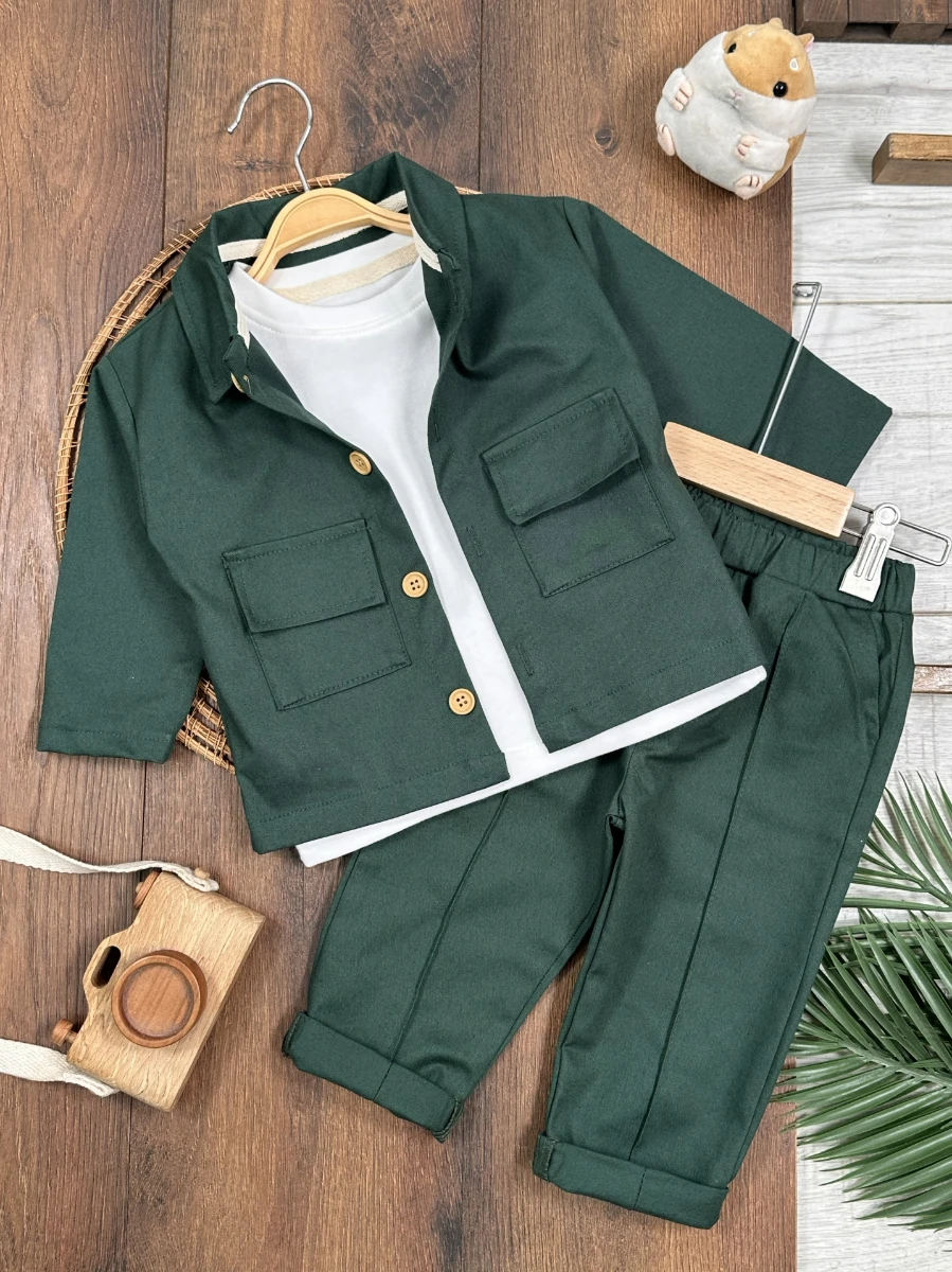 Gabardin Safari Ceket Badili Likralı Mevsimlik 3lü Erkek Bebek ve Çocuk Takım  - YEŞİL