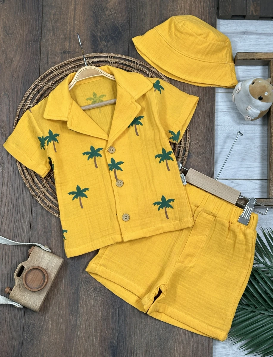 Müslin Palmiye Baskılı Safari Şapkalı Düğmeli Şortlu Yazlık Erkek Bebek/Çocuk Takım - SARI