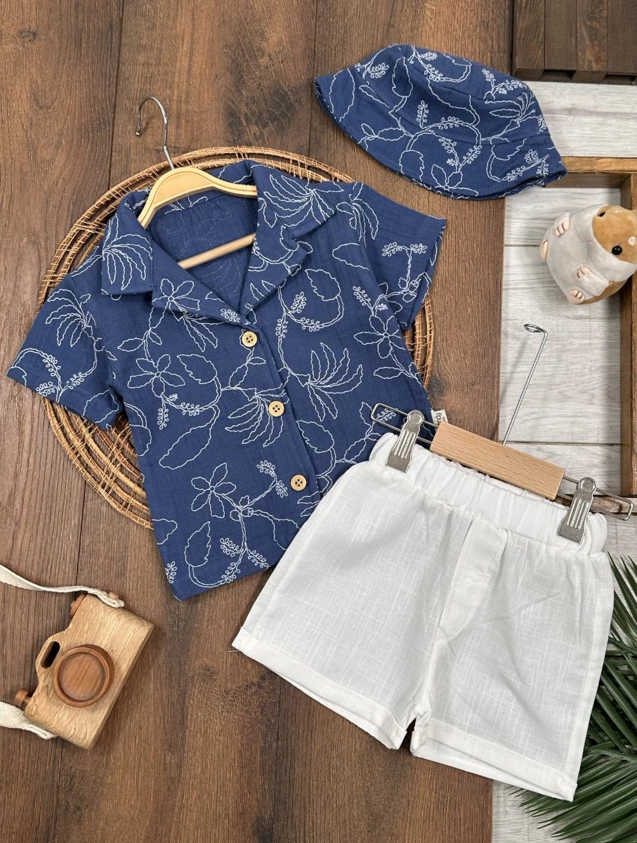 Müslin Hawaii Çiçek Baskılı Safari Şapkalı Düğmeli Şortlu Yazlık Erkek Bebek/Çocuk Takım - LACİVERT