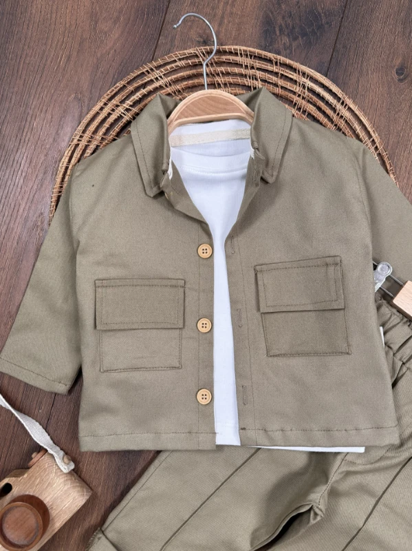 Gabardin Safari Ceket Badili Likralı Mevsimlik 3lü Erkek Bebek ve Çocuk Takım  - YEŞİL