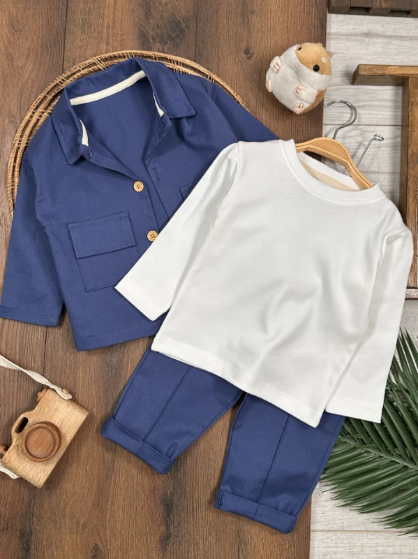 Gabardin Safari Ceket Badili Likralı Mevsimlik 3lü Erkek Bebek ve Çocuk Takım  - YEŞİL