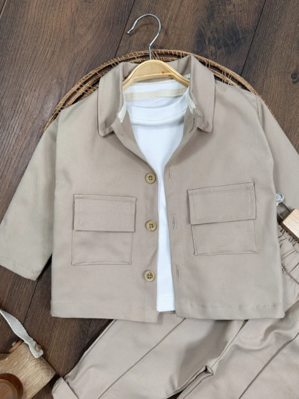 Gabardin Safari Ceket Badili Likralı Mevsimlik 3lü Erkek Bebek ve Çocuk Takım  - YEŞİL