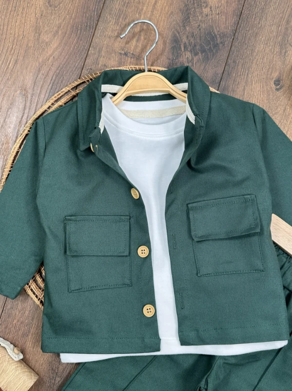 Gabardin Safari Ceket Badili Likralı Mevsimlik 3lü Erkek Bebek ve Çocuk Takım  - YEŞİL