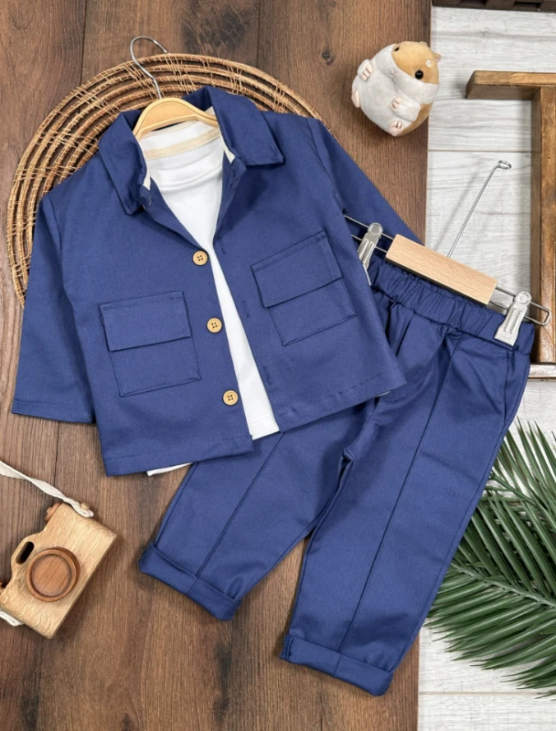 Gabardin Safari Ceket Badili Likralı Mevsimlik 3lü Erkek Bebek ve Çocuk Takım  - YEŞİL