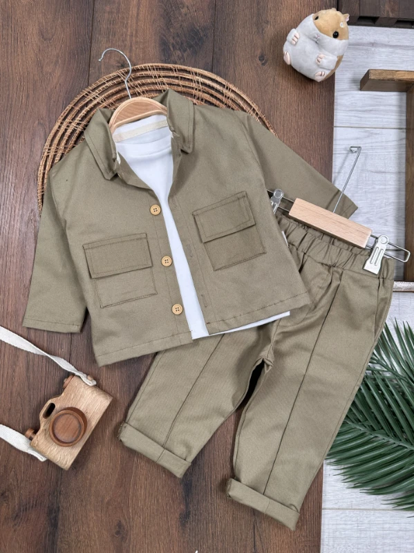 Gabardin Safari Ceket Badili Likralı Mevsimlik 3lü Erkek Bebek ve Çocuk Takım  - YEŞİL