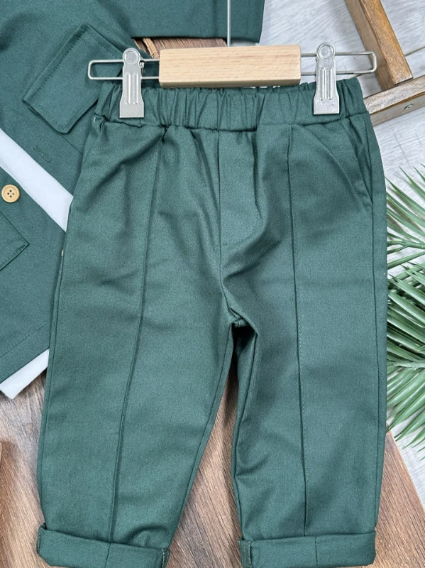 Gabardin Safari Ceket Badili Likralı Mevsimlik 3lü Erkek Bebek ve Çocuk Takım  - YEŞİL