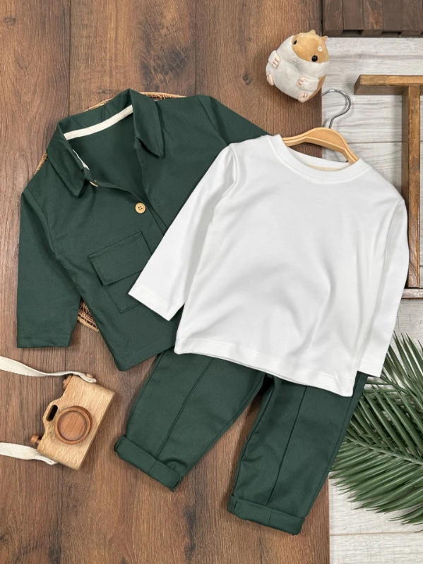 Gabardin Safari Ceket Badili Likralı Mevsimlik 3lü Erkek Bebek ve Çocuk Takım  - YEŞİL