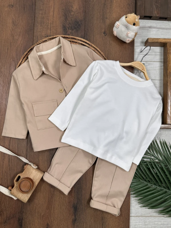 Gabardin Safari Ceket Badili Likralı Mevsimlik 3lü Erkek Bebek ve Çocuk Takım  - YEŞİL