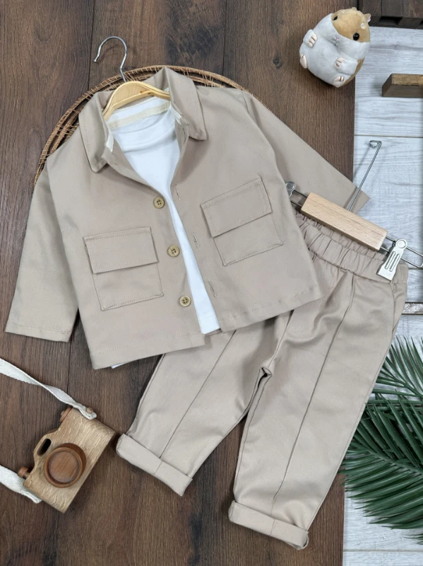 Gabardin Safari Ceket Badili Likralı Mevsimlik 3lü Erkek Bebek ve Çocuk Takım  - YEŞİL